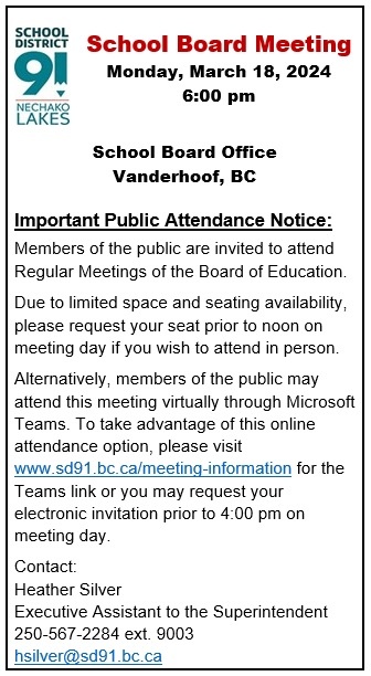 School Board Meeting Announcement March 18 2024