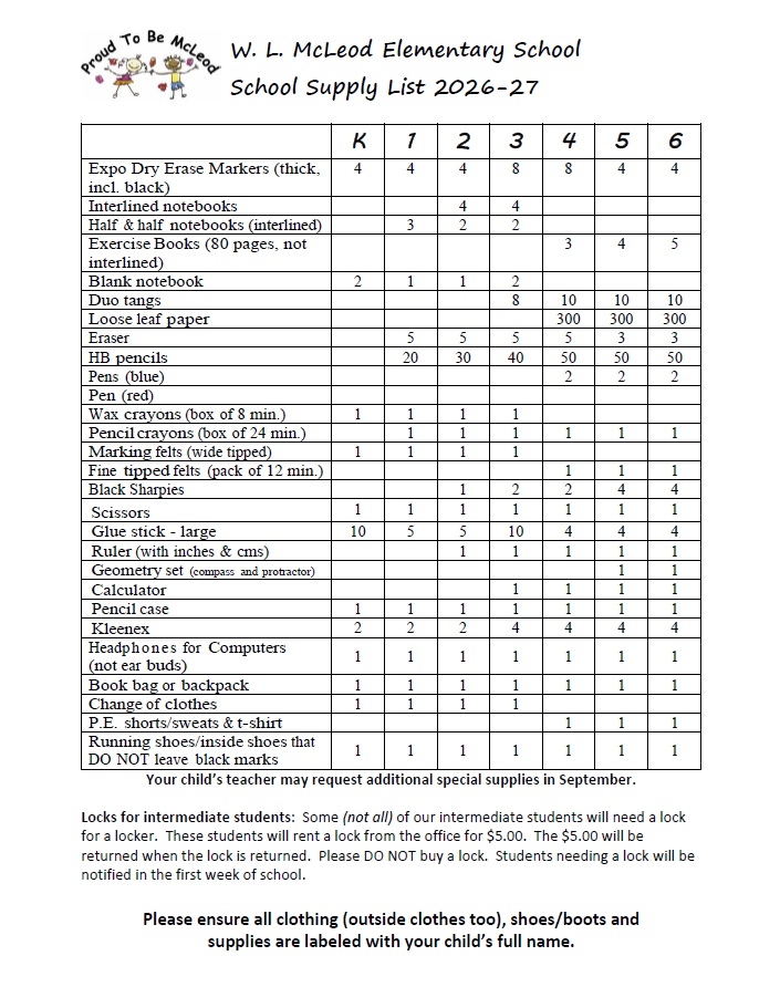 2026-27 School Supply List
